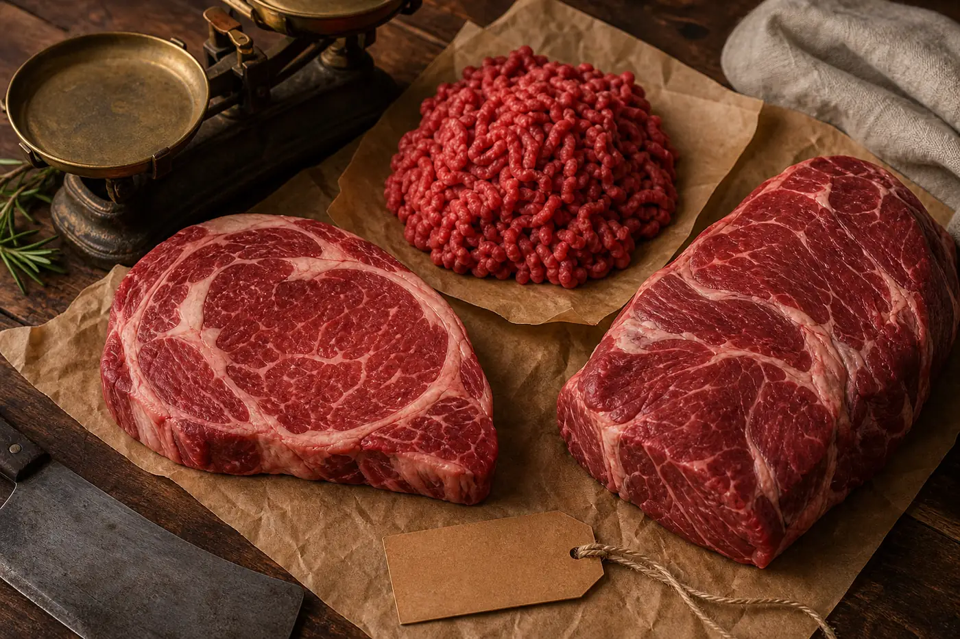 Ribeye steak, fresh ground beef and a chuck roast on butcher paper beside a balance scale - the cuts this site prices.